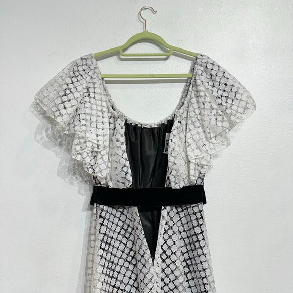 Les Wilk White Lace Ruffle Overlay Velvet Belted 70's Maxi Dress Sz M - Picture 7 of 11
